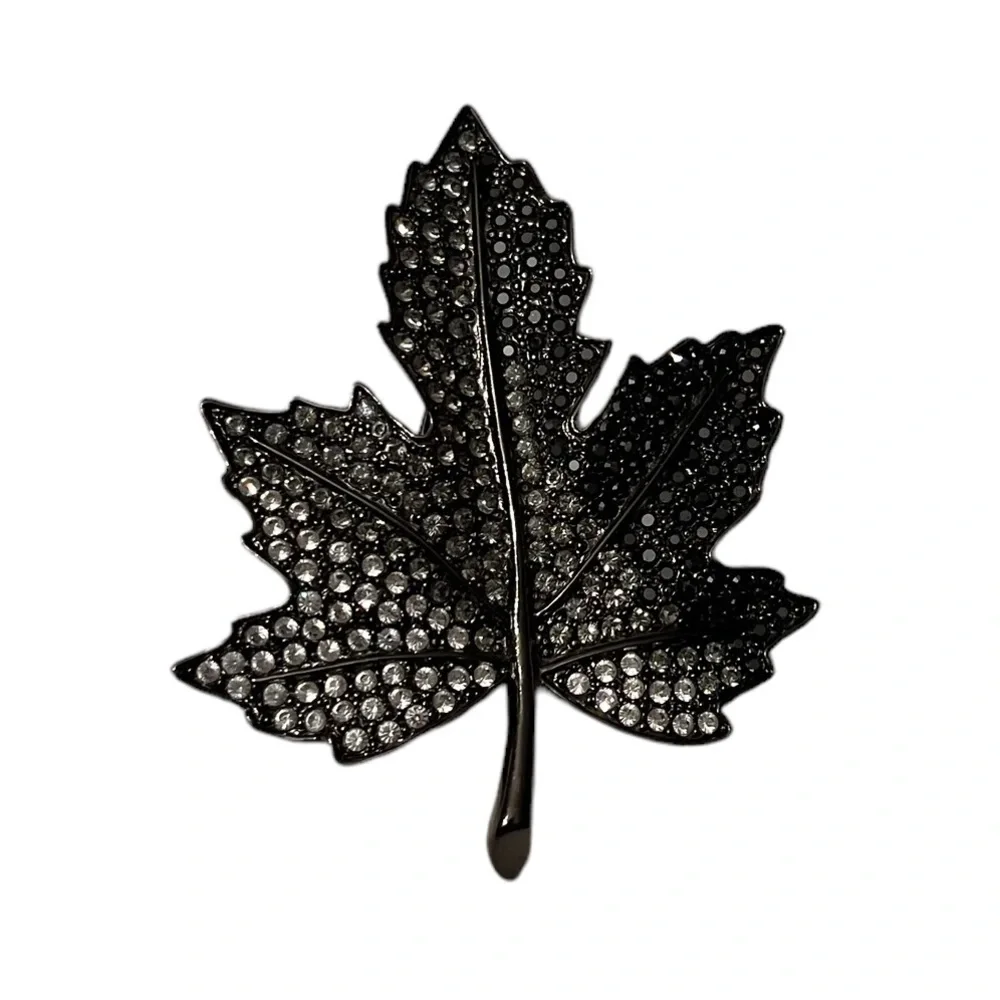 Three Tone Crystal Gunmetal Maple Leaf Brooch